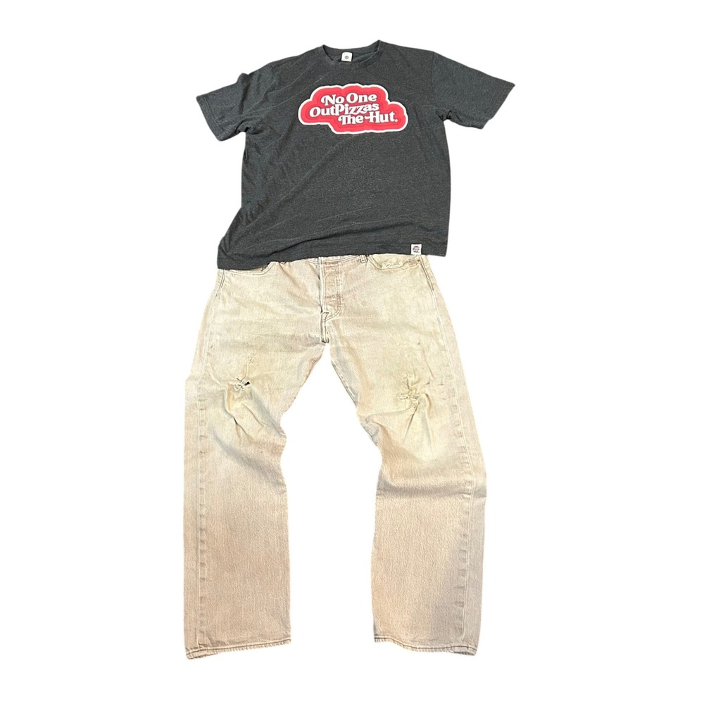 Levis 501 Jeans 36x30 Tan Distressed & Pizza Hut Graphic T-Shirt Large Bundle